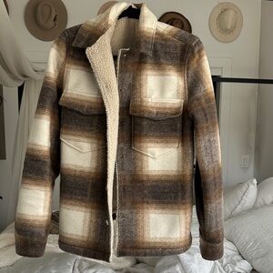 All Saints Tan and Cream Checkered Sherpa Jacket